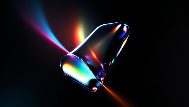 Abstract minimalist 3D render of iridescent glass shape with rainbow prism reflections on dark background. Futuristic crystal design with glowing light refraction and modern digital art.