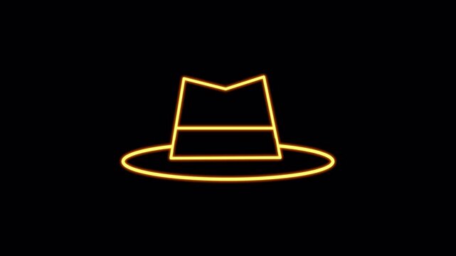 Vibrant Neon Fedora Hat Outline Animation Revealing on Black Background