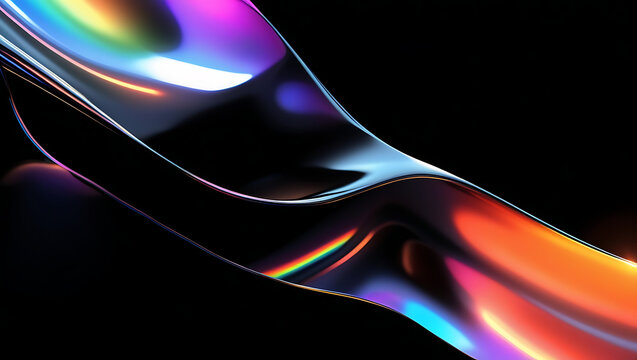 Black dark abstract background. Iridescent fluid glass wave. Prism shape 3D render. Smooth curve transition. Rainbow light flare. Bright glow shimmer. Neon metallic futuristic blur texture