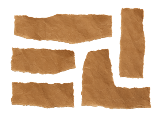 Six torn brown paper pieces with rough edges on a black surface.