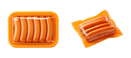 Meat Sausages in Transparent Plastic Packaging isolated on a transparent background