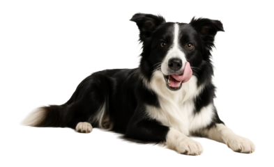 Charismatic black and white Border Collie laying sideways, licking mouth, looking at camera.
