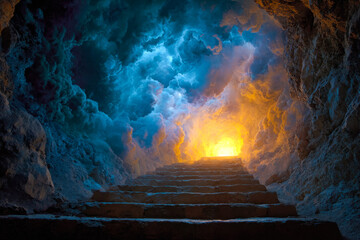 Glowing exit through a mystical cave with vibrant blue and orange clouds