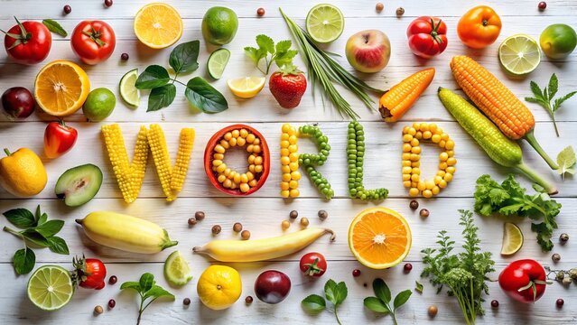 Celebrate world food day with fresh vegetables and fruits arranged to spell out the words on a rustic white wooden surface for a balanced diet