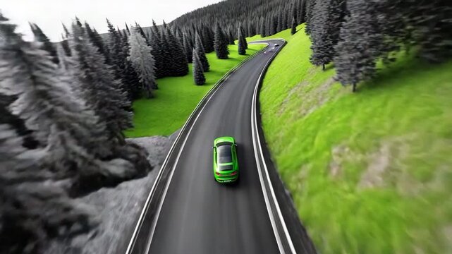Elektroauto auf Waldstra&szlig;e &ndash; Schwarz-Wei&szlig;-Landschaft verwandelt sich in kr&auml;ftige Farben. K&uuml;nstliche Intelligenz KI