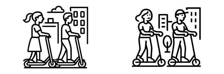 People riding scooters in an urban setting during the day