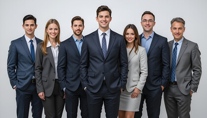Confident and professional business team standing together in modern office setting