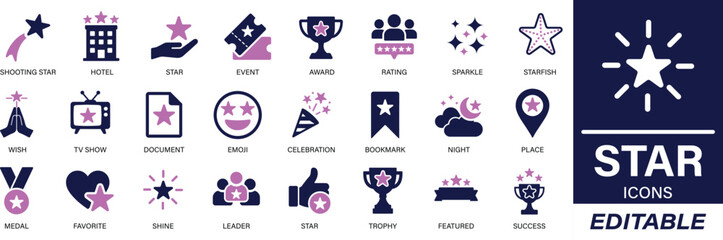 Star Icon Set featuring solid vector icons including sparkle, award, review, celebration, shooting star, and more. Great for achievements, bookmarks, ratings, and event visuals.