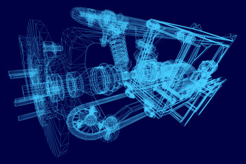 A 3D wireframe car engine with modular design features pistons, crankshaft, and suspension components. The intricate details stand out against a solid blue background.