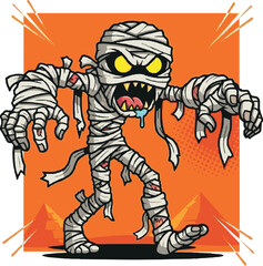 Cartoon mummy with glowing yellow eyes and tattered bandages walking forward against an orange background with pyramids.