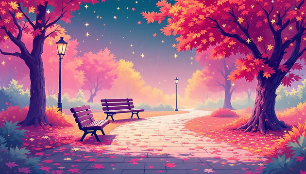 Vibrant animated artwork depicting a park scene with a bench and flourishing trees.