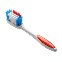 A colorful toothbrush with red, white, and blue bristles and an orange accent on the handle, isolated on a transparent background, symbolizing dental hygiene and oral care