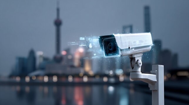 Futuristic surveillance camera oversees a luminous metropolis at night with bright traffic below. - Powered by Adobe