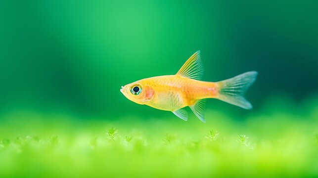 Vibrant orange glofish swimming in a lush green aquarium