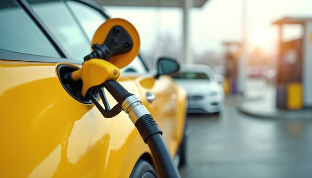 Close-up of yellow car refueling at gas station. Fuel nozzle inserted into car tank. Blurred background with other cars and pumps. Focus on automotive detail.