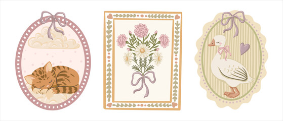 Vintage set with cute goose and kitten in pastel wavy frame. Hand drawn coquette cartoon illustration with pink ribbon bow and flower. Great for greeting card design and print decor or invitation. © NadyaSaen 