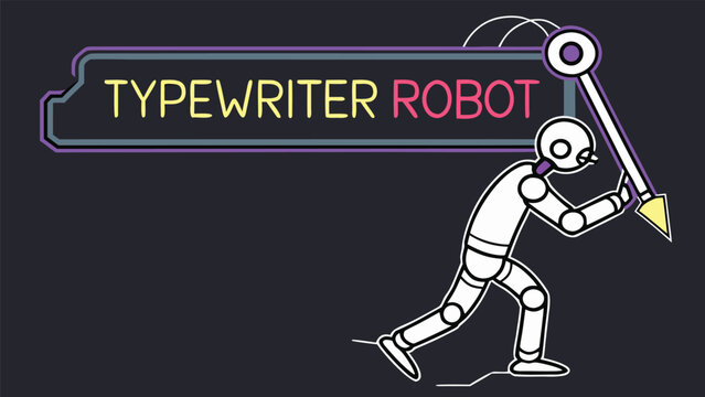 Illustration of a white robot holding a large pen next to a sign that says typewriter robot in yellow text