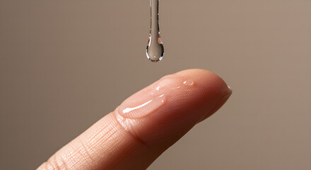 : A drop of clear gel or water on a fingertip, representing hydration, skincare, hygiene, or a medical application.
