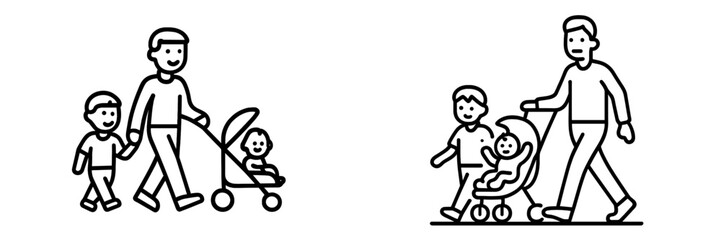 Family walking together with children in strollers in the park