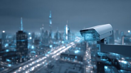 Security camera monitors abstract city skyline at night, conveyed in a cool, futuristic style image.