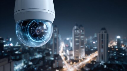 Futuristic surveillance camera oversees a luminous metropolis at night with bright traffic below.