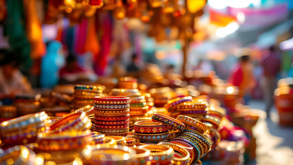Display of colorful bangles at a market stall with blurred background of people and other goods