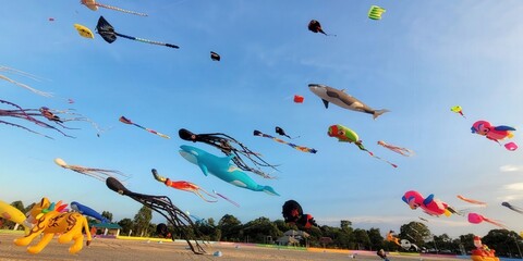 Vibrant kites soar overhead at colorful kite festival outdoor celebration fun atmosphere aerial view family-friendly event