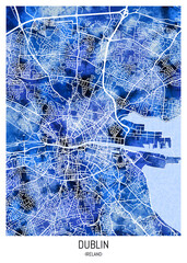 Dublin Ireland City Map, landmarks travel painting, print downtown cities, city panorama watercolor view abstract art, famous new design, trending modern destination