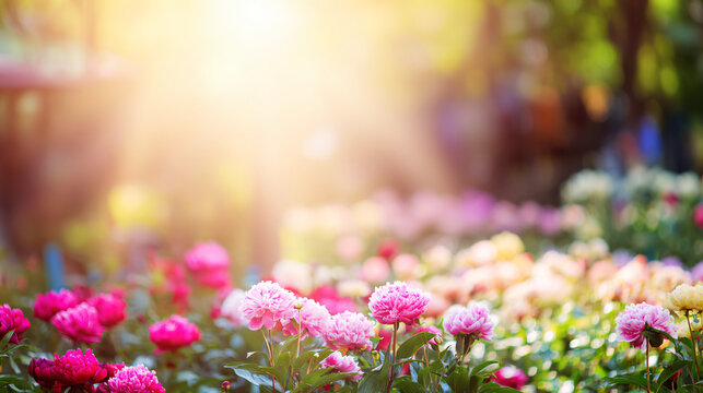A lush garden filled with vibrant flowers bathed in warm summer sunlight, creating a dreamy atmosphere.