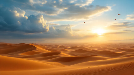 Vast desert landscape with sand dunes under a cloudy sky at sunset with birds flying above the dunes