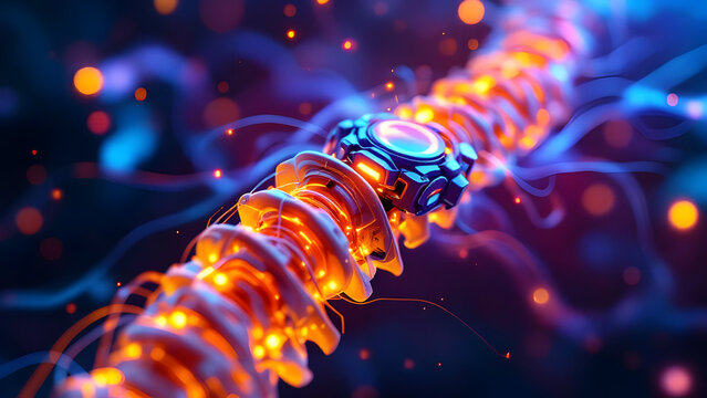 Futuristic spine with glowing elements and blue and orange light trails in a dark background