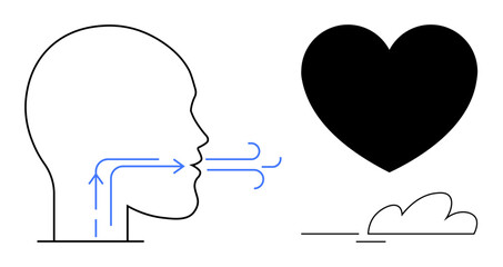 Human profile with airflow arrows facing a heart above a cloud. Ideal for health, mindfulness, breathing exercises, emotional balance, love, wellness education, simple flat metaphor