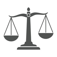 A grayscale illustration of a balance scale with two pans hanging from a central beam and stand vector