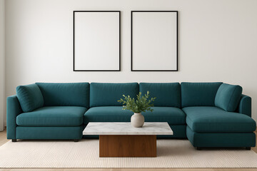 Spacious teal sectional sofa with marble coffee table in modern living room