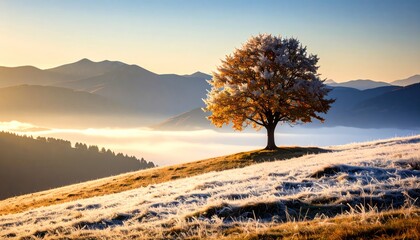 Majestic tree on a hill at dawn with mountain range landscape.