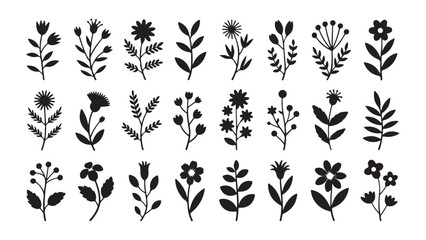 Set of silhouettes of plants and flowers, black and white silhouettes of flowers, Elegant flower and herb botanical illustration