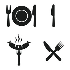Black and white graphic with plate fork and knives and sausage on fork in various configurations vector
