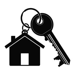 Illustration of a key and house keychain in black and white on a plain white background vector