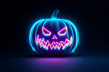 Glowing neon pumpkin with a menacing grin, set against a dark background, perfect for Halloween themes