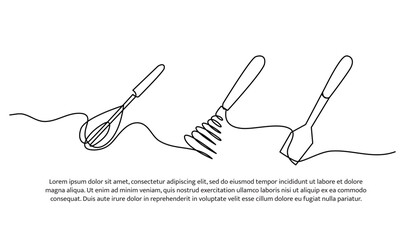 Continuous line design of whisk. Single line decorative element drawn on white.