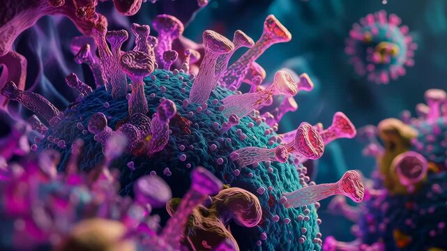 A close up of a virus with pink and blue colors. The virus is surrounded by a purple and blue background