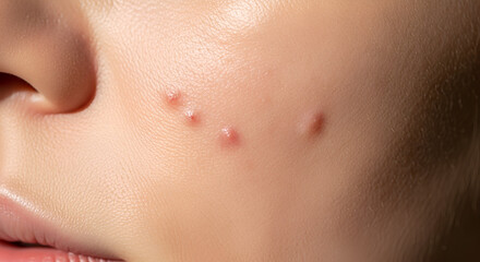 Close-up of facial skin exhibiting multiple acne marks on the cheek.