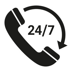 A black and white illustration of a phone with a circular arrow and the text twenty four seven vector