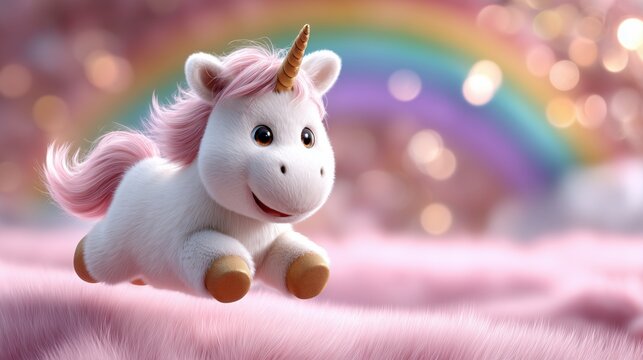 Cute cartoon unicorn plush toy jumping in dreamy land with rainbow background. Adorable children&rsquo;s illustration perfect for kids&rsquo; books, posters, and playful design themes