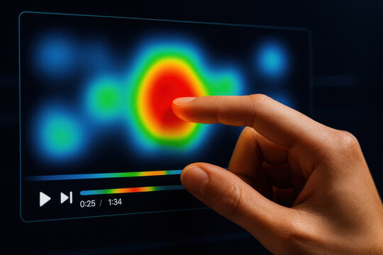 Heatmap analysis on digital screen with hand pointing, showing data focus and interaction