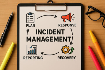 Incident management process with plan, response, recovery, and reporting steps on clipboard