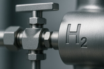 Hydrogen gas valve on industrial metal pipe with metallic texture and close up view