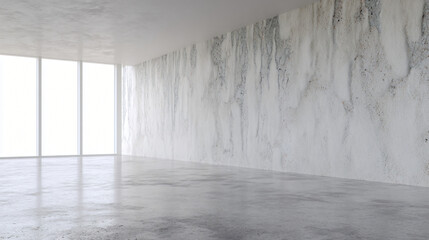 Minimalist concrete interior with smooth floor and textured wall, showcasing contemporary architectural design.