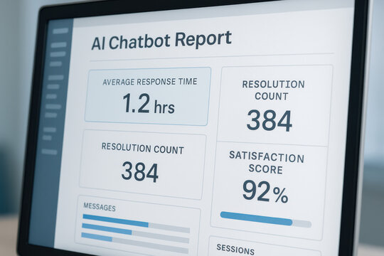 AI chatbot report showing average response time and satisfaction score on screen