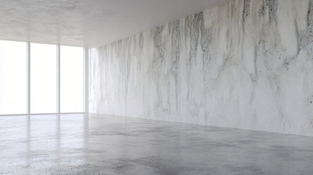 Minimalist concrete interior with smooth floor and textured wall, showcasing contemporary architectural design.